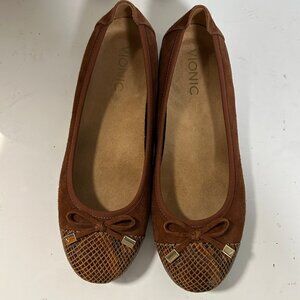 Vionic Spark Minna Ballet Flat Brown Snakeskin Tip Suede Leather Sz 7 EUC